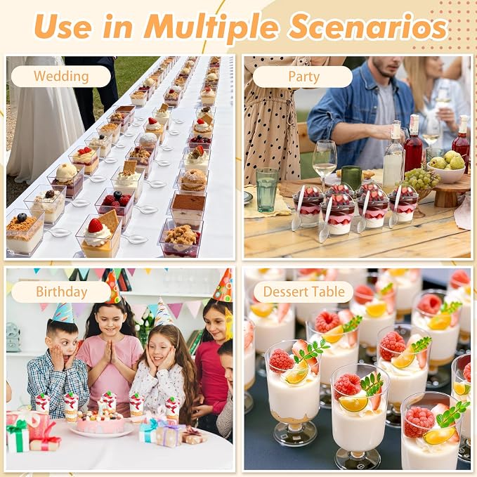 mwellewm 390 Pcs Dessert Cups with Lids and Spoons, 5 OZ Parfait Cups 3 OZ Plastic Desert Cups Clear Mini Shooter Cups for Party Reusable Small Appetizer Serving Fruit Cup Ice Cream Cake Pudding