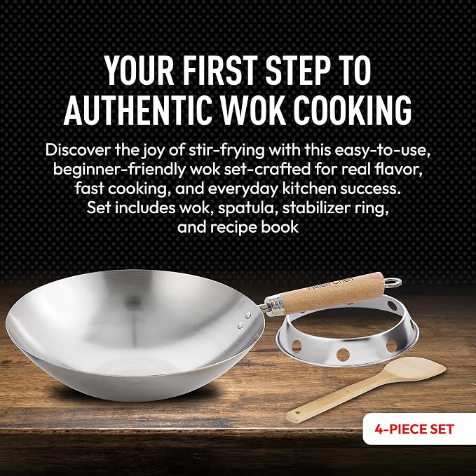 Helen's Asian Kitchen Carbon Steel 4-Piece Wok Set, 12-Inch Round Bottom Wok