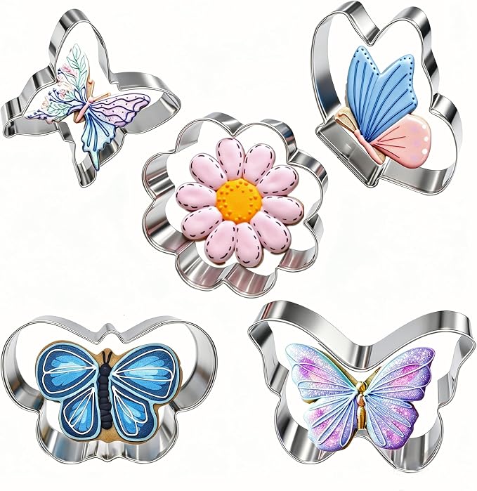 5Pcs Butterfly Flower Cookie Cutters Stainless Steel Holiday Cookie Cutter Shapes for Baking Gift Mother's Day, Father's Day, Valentine's Day, Thanksgiving