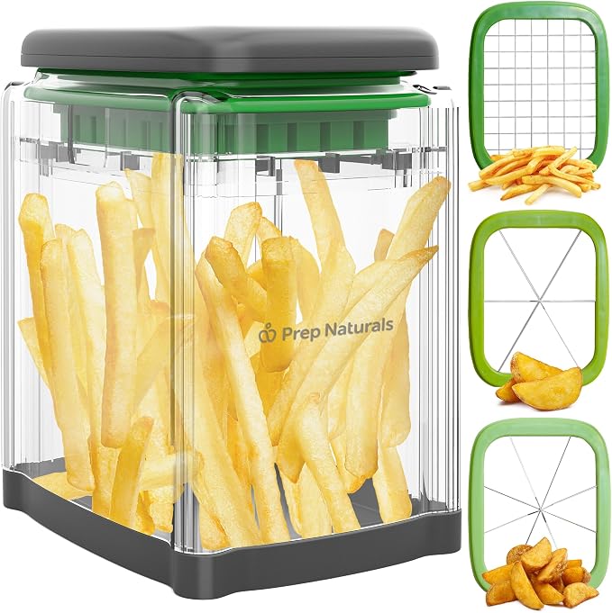 Prep Naturals Medium Stainless Steel French Fry Cutter | Manual French Fry & Potato Cutter - Stainless Steel Blades, Chop Box & Safety Glove Included (3-in-1)