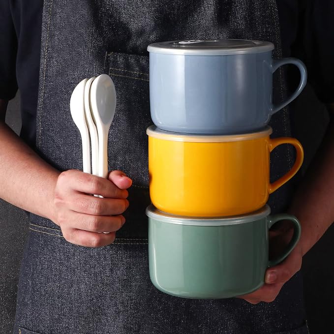 Soup Bowls with Handles & Spoons, 30oz Ceramic Ramen Bowl with Lid, Large Soup Mugs/Cups for Instant Noodle, Big Cereal Bowls for Oatmeal, Soup Containers with Lids, Set of 2, Teal Blue