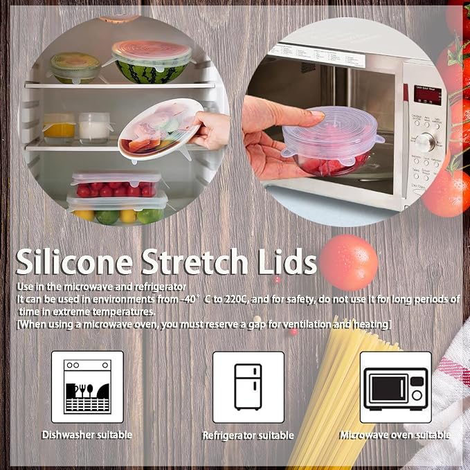 Silicone Stretch Lids, 6 Pcs, 8.07in | Reusable and Durable, Silicone Container Covers, Food Storage, Expandable Bowl Covers, Dishwasher & Freezer Safe