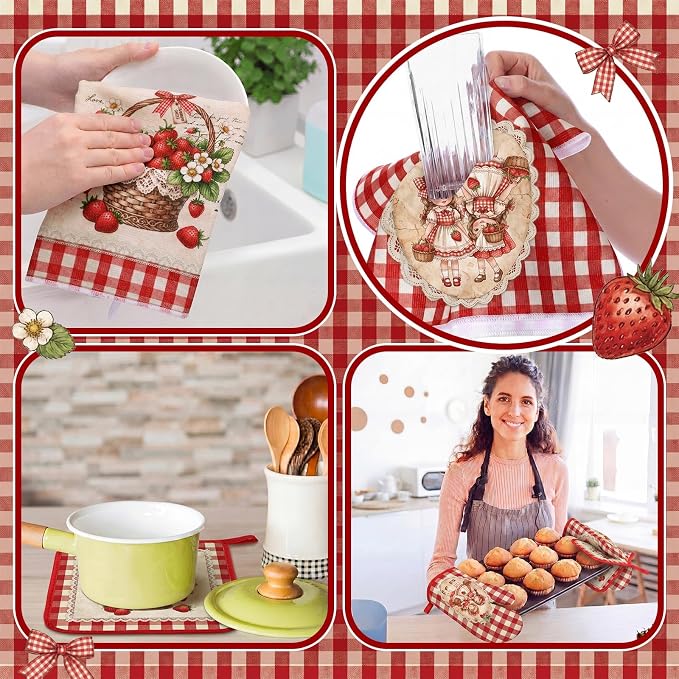 Fourluoo 10 Pcs Rustic Strawberry Kitchen Decor Set Dish Towels Rugs Oven Mitts and Pot Holders for Cooking Baking Grilling Women Mom Gift