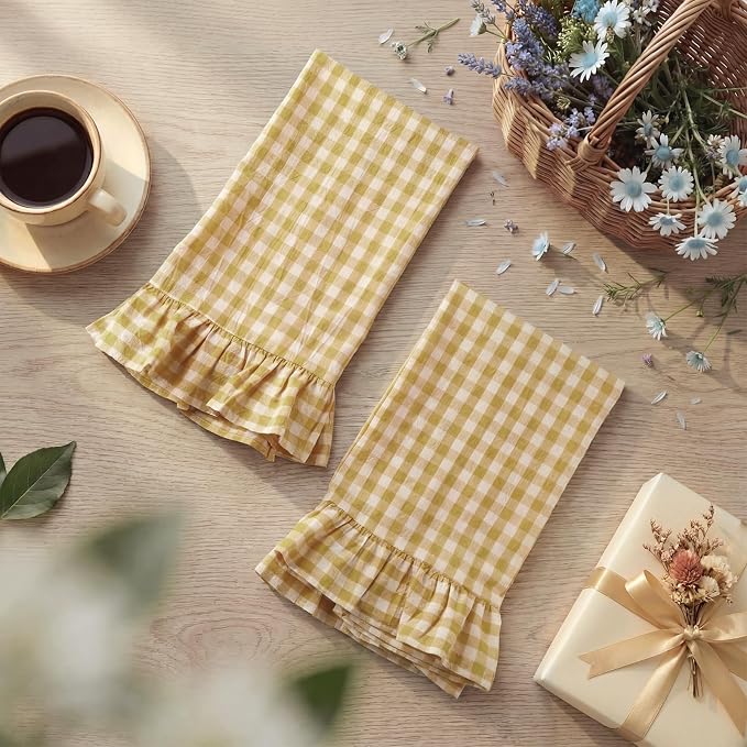 HunnmingRe 2 Pcs Yellow Pink Gingham Kitchen Towels Cotton Ruffled | Checked Dish Towels 18"x28" Tea Cloths Plaid Cottage Core Kitchen Decor for Farmhouse Charm Drying Dishes Entertaining Guests