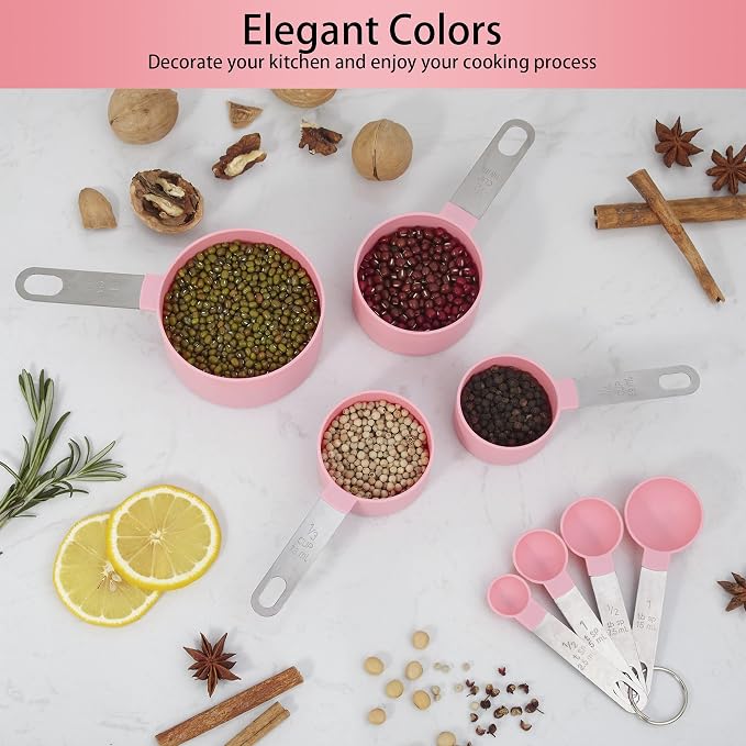 Measuring Cups and Spoons Set of Huygens Kitchen Gadgets 10 Pieces, Stackable Stainless Steel Handle Measuring Cups for Measuring Dry and Liquid Ingredient (Pink)