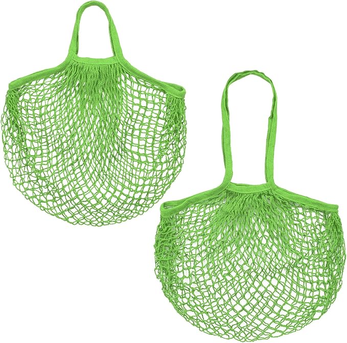 M METERXITY 2-Pack Cotton Mesh Bag, Reusable Washable Mesh Net String Grocery Bags, Reusable Produce Bags with Handle, Net Tote Bag for Fruits/Vegetables Shopping [Green, Long&Short Handle]