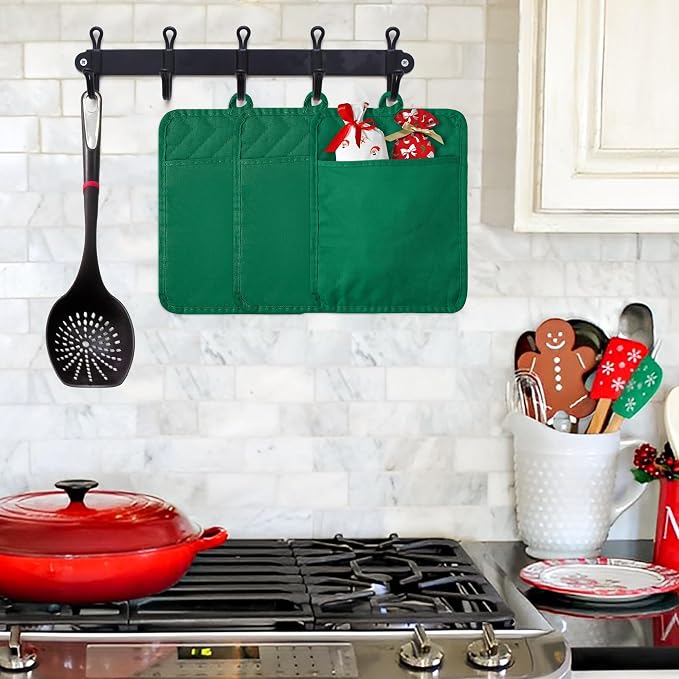 R HORSE 6 Pack Green Pot Holders for Kitchen with Pockets, 7''x 9'' | Cotton Kitchen Potholder, Heat Resistant Oven Mitts, Non-Slip Hot Pads Terry Cloth, Ideal for Cooking, Baking, Christmas Gift