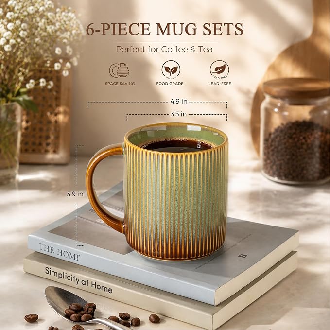 theterra Ceramic Coffee Mugs Set of 6, 14.2 oz Coffee Cups with Handle | Handmade, Suitable for Latte, Tea, Milk, Beer & Hot Cocoa, Sage Umber