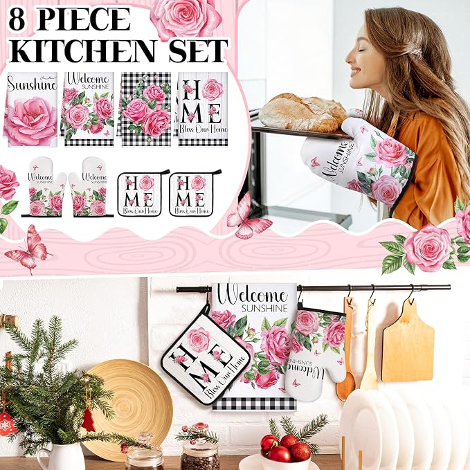 Leinuosen 8 Pcs Pink Rose Kitchen Towels and Dishcloths Sets Pot Holders and Oven Mitts Sets Absorbent Kitchen Gloves Potholders Heat Resistant for Chef Baking Cooking