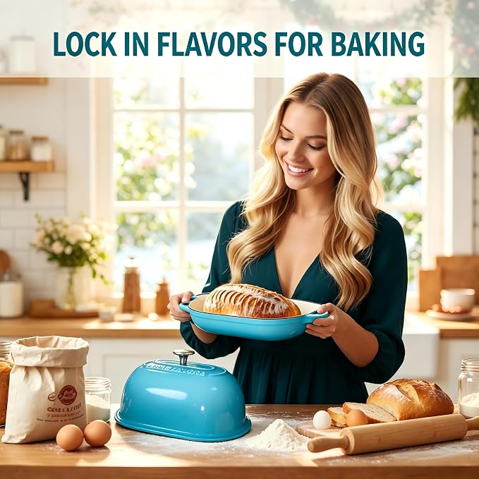 Cast Iron Bread Oven,6 QT Dutch Oven,Thick Enameled Loaf Pan with Lid,Bread Pans for Homemade Bread,14.5"Dutch Oven for Bread Baking,Dutch Ovens-with Silicone Baking Mat&Recipe,Gifts for Family,Teal