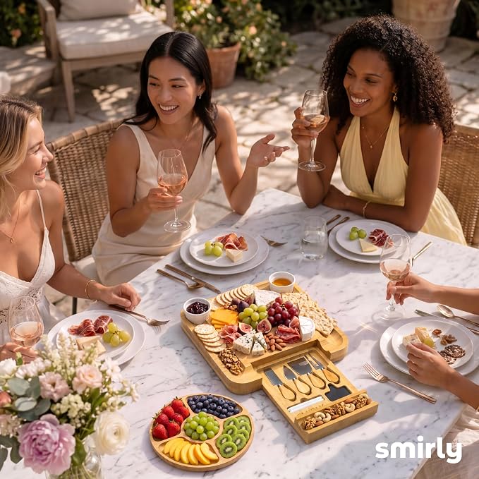 SMIRLY Charcuterie Board Set with Serving Accessories, Bamboo | Housewarming, Wedding, Bridal Shower and Birthday Gift for Women, Ideal for Movie Nights, Entertaining and Family Gatherings
