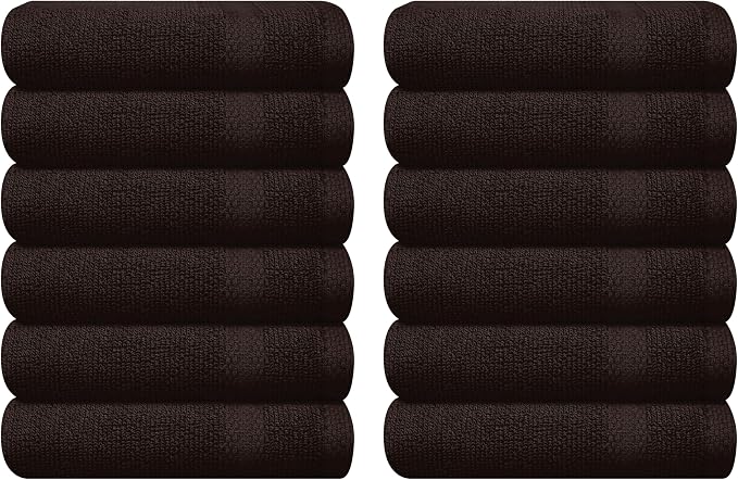 GLAMBURG Ultra Soft 12-piece Washcloths Set 13x13-100% Ringspun Cotton - Durable & Highly Absorbent Face Towels - Ideal for use in Bathroom, Kitchen, Gym, Spa & General Cleaning - Chocolate Brown