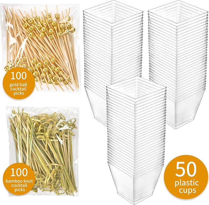 50 Sets 7 oz Plastic Charcuterie Cups with 200 Sticks, Square Appetizer Cup with Cocktail Picks Mini Party Serving Cups for Fruit, Snack, Dessert