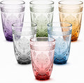 13 OZ 6 Pack Vintage Drinking Glasses Set, Colorful Textured Glass Tumblers Cups -Embossed Striped Glassware for Water, Cocktails, Juice, Iced Coffee, Beer(necklacestyle)