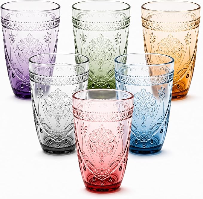 13 OZ 6 Pack Vintage Drinking Glasses Set, Colorful Textured Glass Tumblers Cups -Embossed Striped Glassware for Water, Cocktails, Juice, Iced Coffee, Beer(necklacestyle)