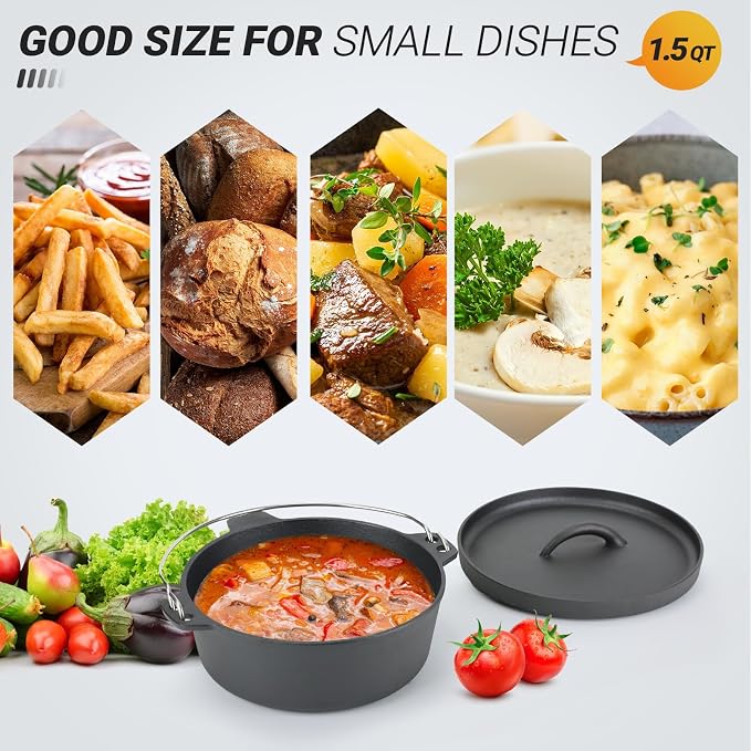 Northriver Casting Cast Iron Dutch Oven Pot with Lid, for Small Dishes, Side Dishes, Camping Cookware set, BBQ, Garlic Roaster, 1.5 Quart Pan