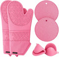 Silicone Oven Mitts and Pot Holders 6 Piece Set, Heat Resistant 500°F Extra Long Oven Gloves with Cotton Lining, Non-Slip BPA-Free Hot Pads and Pinch Mitts for Baking BBQ Cooking (Pink)