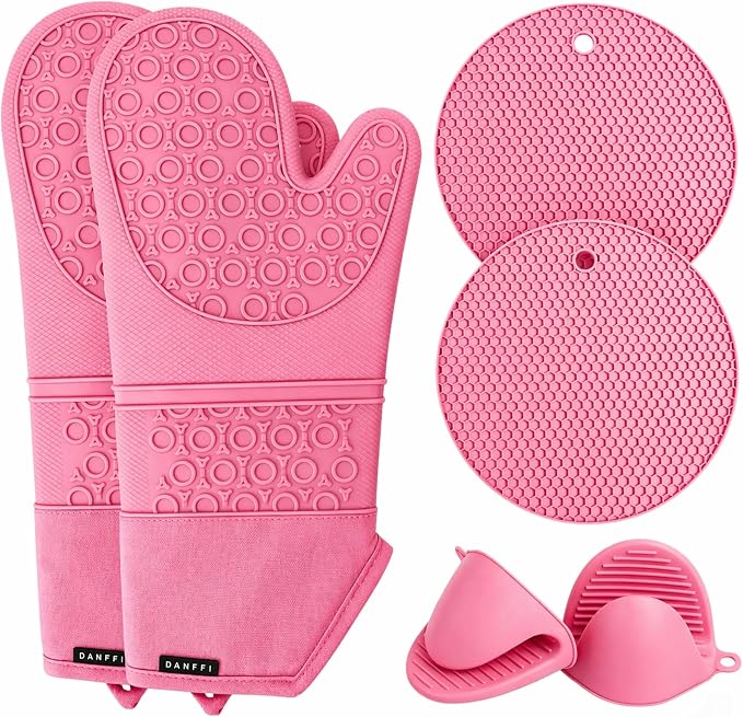 Silicone Oven Mitts and Pot Holders 6 Piece Set, Heat Resistant 500°F Extra Long Oven Gloves with Cotton Lining, Non-Slip BPA-Free Hot Pads and Pinch Mitts for Baking BBQ Cooking (Pink)