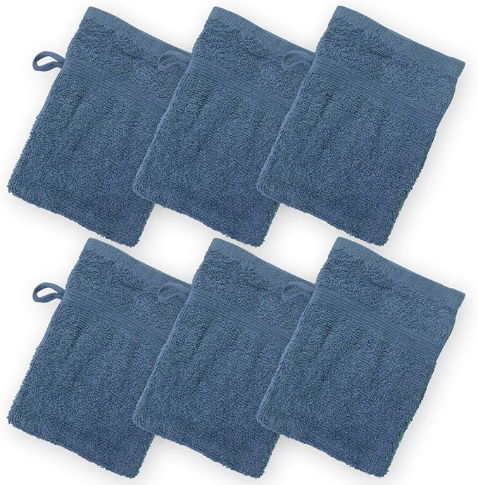 High Rise Stripe 6 Pack 6 x 8.5 Wash Mitt Set, Low Twist, Highly Absorbent, Gentle Hand and Face Cloth, European Style with Loop, Indigo