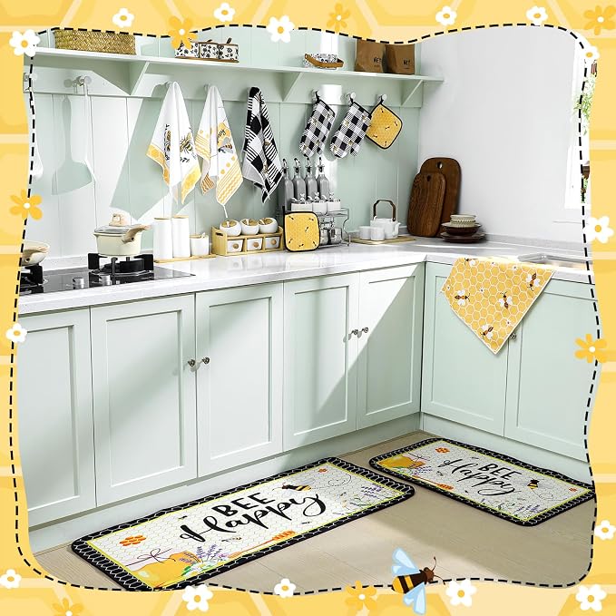 Fourluoo 10 Pcs Bee Kitchen Decor Set Honey Bee Dish Towels Rugs Oven Mitts and Pot Holders Set Farmhouse Kitchen Decor for Women Mom Gift Cooking Baking Grilling