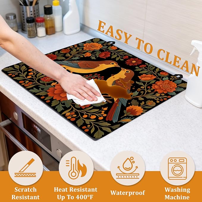 Vintage Birds Flowers Stove Top Covers for Electric Stove,Retro Glass Top Stove Cover, Heat Resistant Range Covers for Electric Stove,Washable Countertop Mat, 28 x 20 Inch