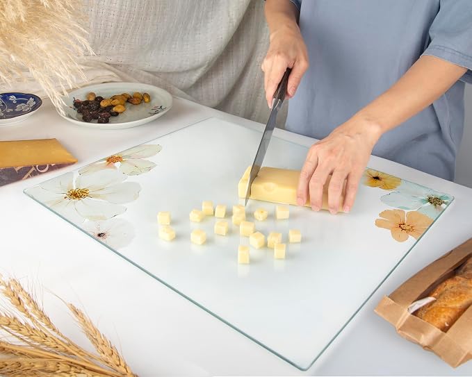Glass Cutting Board 20”x16”: Tempered Glass Kitchen Counter Protector - Durable- Scratch-Resistant, Heat-Proof - Design 5 - Floral Design