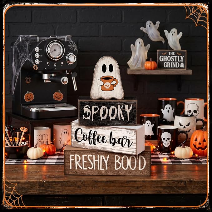Lineshading 4 Pcs Halloween Coffee Bar Decor Wooden Ghost Block Signs | Farmhouse Tiered Tray Decorations, Rustic Tabletop Home Decor, Spooky Ghost Theme, Stacked Wood Blocks for Kitchen