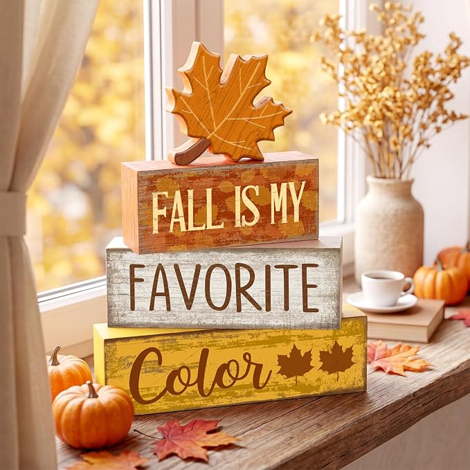 Lineshading 4 Pcs Fall Wooden Block Signs Farmhouse Tabletop Maple Leaf | Rustic Tiered Tray Decor, Stackable Autumn Blocks with Maple Leaf Cutout, Gift for Farmhouse Table Centerpiece Display