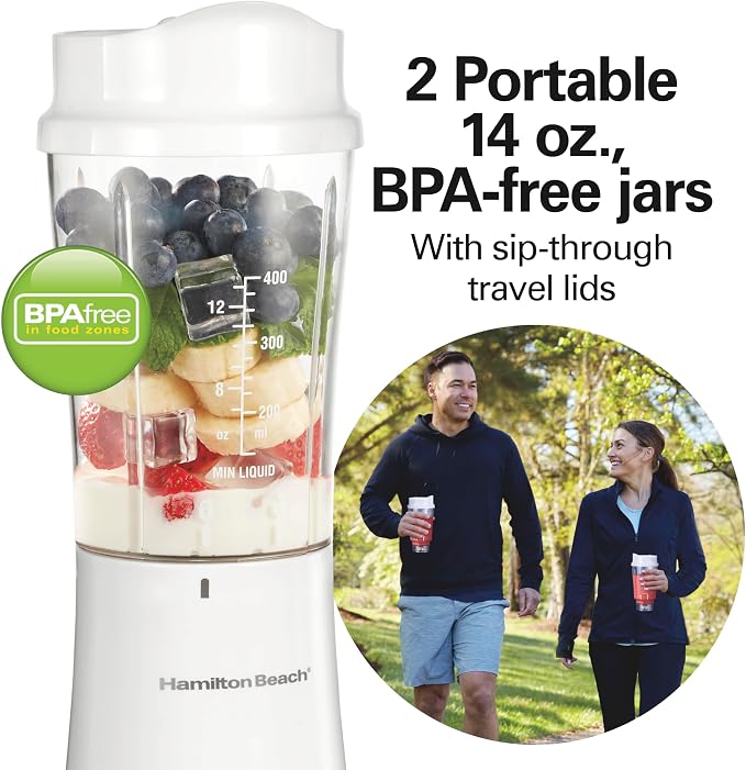 Hamilton Beach Portable Blender for Shakes and Smoothies,14 Oz BPA Free Travel Cup & Lid,Durable Stainless Steel Blades,Personal Smoothie Blender,2 Jars - White (51102V),(Pack of 2)