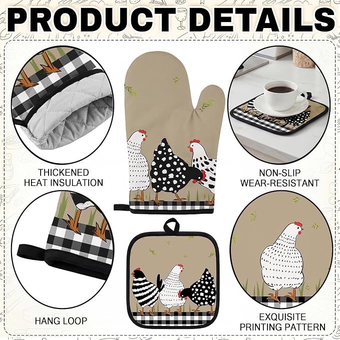 10 Pcs Kitchen Decor and Accessories Set, Chicken Country Rustic | Rooster 4 Dish Towels Kitchen Rugs 2 Oven Mitts 2 Pot Holders, Home Decor for Cooking Baking BBQ Gifts Women Mom Housewarming