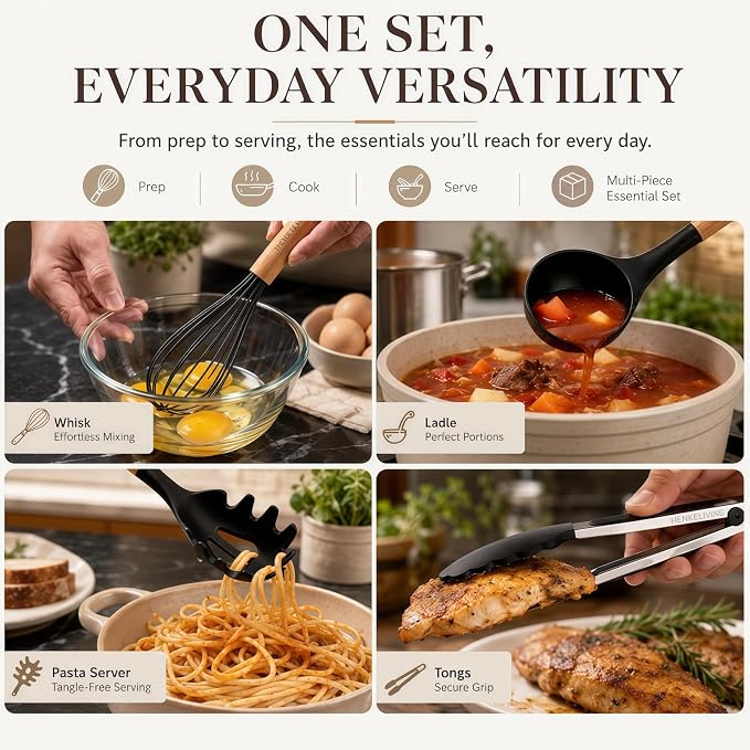 Silicone 10 Pcs Kitchen Cooking Utensils Set, Recycled Materials Certification, BPA Free Spatula Set with Heat Resistant Wood Handles for Nonstick Cookware, Black