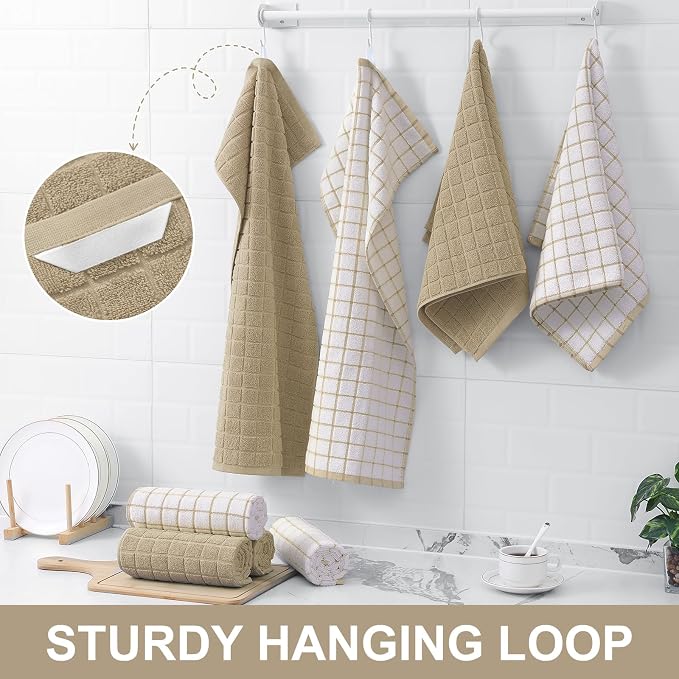Homaxy Large Premium Cotton Kitchen Towels 16"x 28", 8 Pack, Tan | Natural Ring Spun 390 GSM Dish Towels, Super Absorbent Terry Kitchen Hand Towels, Soft Tea Towels with Hanging Loop