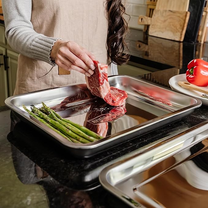 AVIEUS Grill Prep and Serving Trays | Set of 2 Stackable Stainless Steel Trays | Trays for Marinating, Serving & Chopping | Serving Platter for Plating Food & BBQ Prep Tub | Grilling Accessories