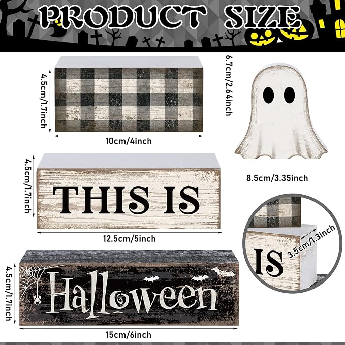 Lineshading 4 Pcs Halloween Table Decor For Home Ghost Tiered Tray Decor | Stacked Blocks with Ghost and Plaid, Rustic Wood, For Tabletop Shelf Mantel, Halloween Farmhouse Home Styling, Gift Ready