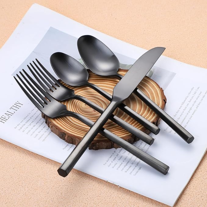 Matte Silverware Set Black Flatware Set with Hexagon Handle 20 Pieces 18/0 Stainless Steel Cutlery Set Wedding Housewarming Gift Service for 4 (Matt black)