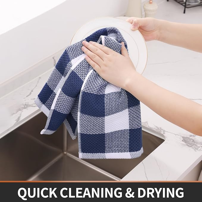 Homaxy Kitchen Towels and Dishcloths Set, Set of 10, White & Navy Blue | Bulk Cotton Waffle Weave Check Plaid Kitchen Towels, Super Soft and Absorbent Dish Cloths, 12 x 12 and 13 x 28 Inches