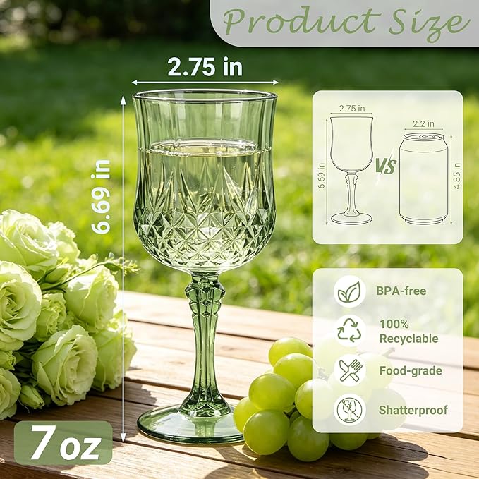 24Pack Plastic Wine Glasses, 7oz Vintage Goblets for Wedding | Unbreakable Crystal Style Reusable Stemware, Elegant New Green Drinking Glass for Party Anniversary & Holiday Celebration