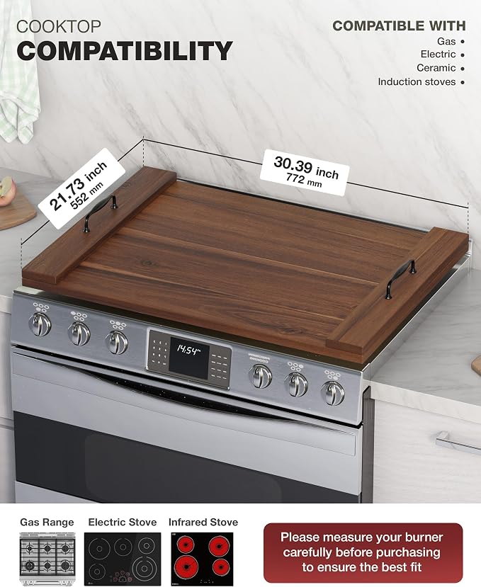 Bluewest Gas Stove Burner Covers, Wooden Noodle Board with Handle, Walnut | Extra-thick wooden RV stovetop and sink cover doubles as a tray, creating extra kitchen counter space for prep and serving.