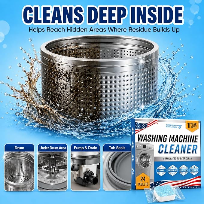 Washing Machine Cleaner Tablets, 24 Pack Enzyme Washer Cleaner | 5X-Power Enzyme Wahser Cleaner Fight Odor Refreshing Laundry, Deep Clean Residue, Grime Compatible with HE, Top & Front Load