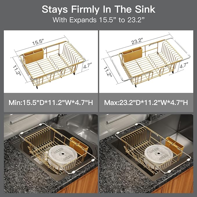 Gold Dish Drying Rack Over The Sink with Utensil Holder, Mat | Expandable Stainless Steel Dish Drainer for Small Kitchen, Apartment, RV, Counter Space Saving, Perfect Fit, Rustproof
