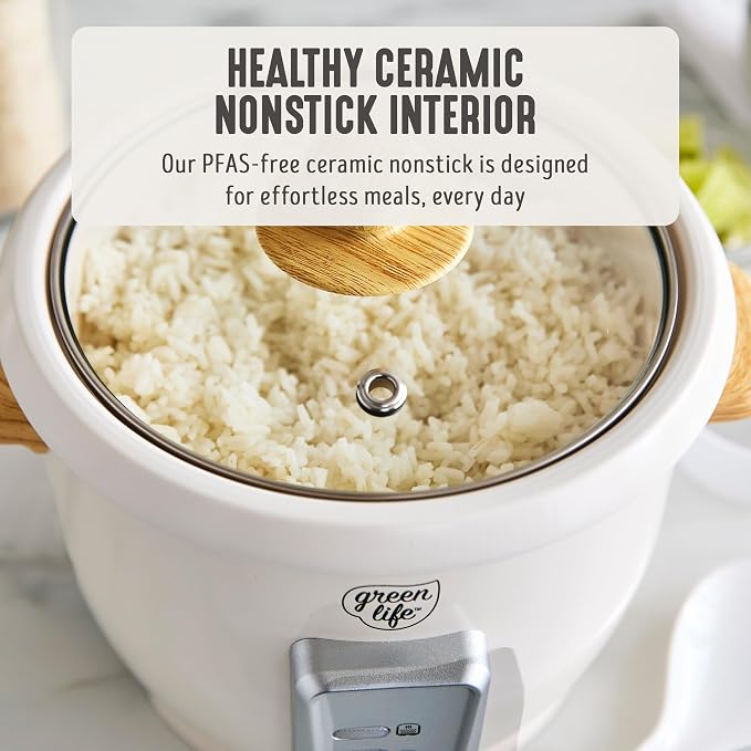 GreenLife Rice Cooker with Removable PFAS-Free Ceramic Nonstick Pot, 3-Cups Uncooked/6-Cups Cooked, Grains & Oatmeal Multicooker, Compact One-Switch Design, Auto Keep Warm, Easy Clean, Cream
