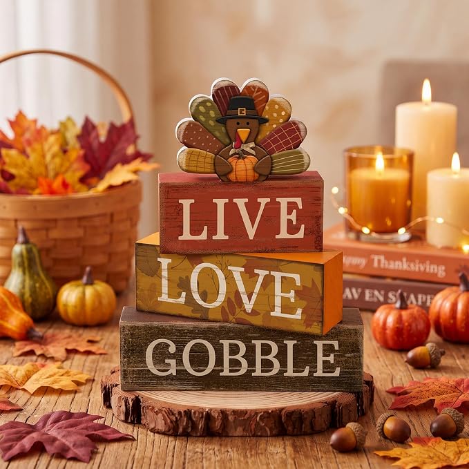 Lineshading 4 Pcs Thanksgiving Wooden Block Signs Turkey Tiered Tray Decor | Farmhouse Fall Table Centerpiece, Turkey Topper Sunflower Theme, Stacked Wood Blocks Live Love Gobble for Kitchen Shelf
