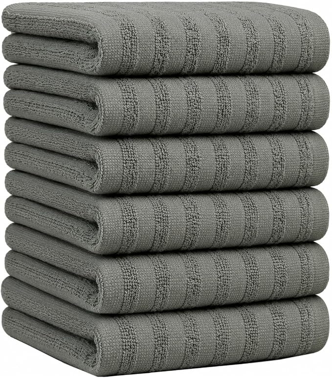Premium Kitchen Towels 6 Pack 100% Cotton, 20"x28" - Anthracite Solid | Large 450 GSM Terry Dish Towel, Kitchen Hand Towels with Hanging Loop, Highly Absorbent for Washing and Drying Dishes