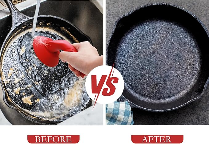 Cast Iron Cleaner Scrubber with Handle -Welded Chain Mail Cast Iron Cleaner | Large Round Cast Iron Brush,Dishwasher Safe, 316 Chainmail Sponge Scrub Cleaning Tool to Clean Skillet, Frying Pan, Wok, Oven