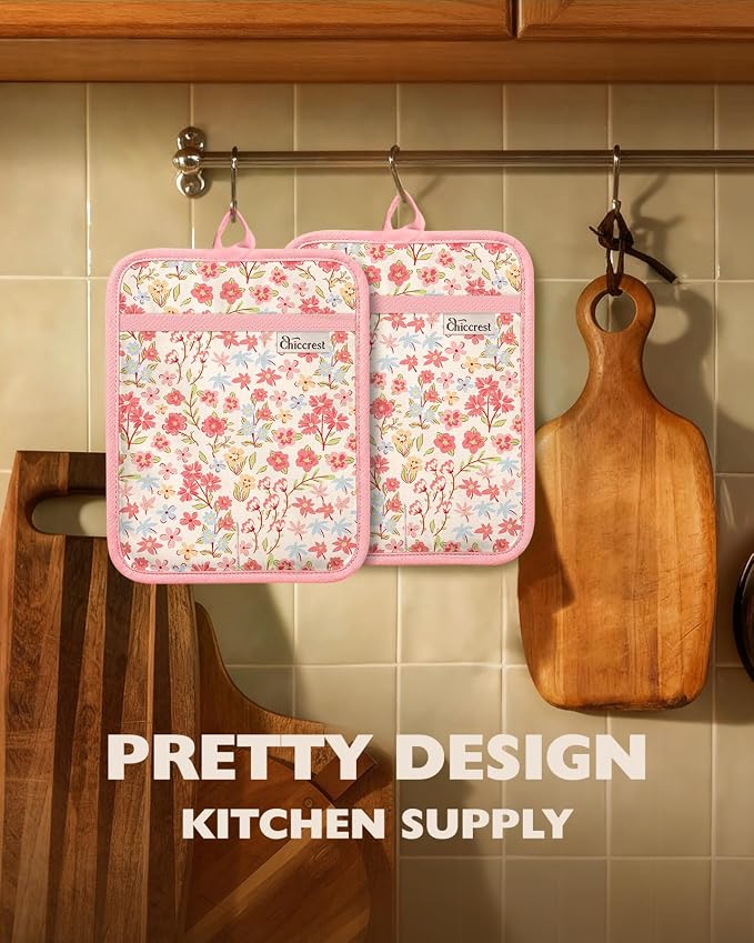 100% Thick Cotton Pot Holders Ribbed Soft Silicone Pink Flower | Stylish Pot Holders with Pockets, Ribbed Soft Silicone, Machine Washable Non-Slip Heat Resistant Hot Pads 2pcs, Kitchen Gift