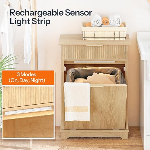 HOOBRO 10 Gallon Tilt-Out Trash Can Cabinet, Hidden Garbage Bin Storage with Drawer and Flip-Down Door with Sensor Light Strip, Dog Proof Trash Can for Kitchen Living Room, Natural NL06DLJ01