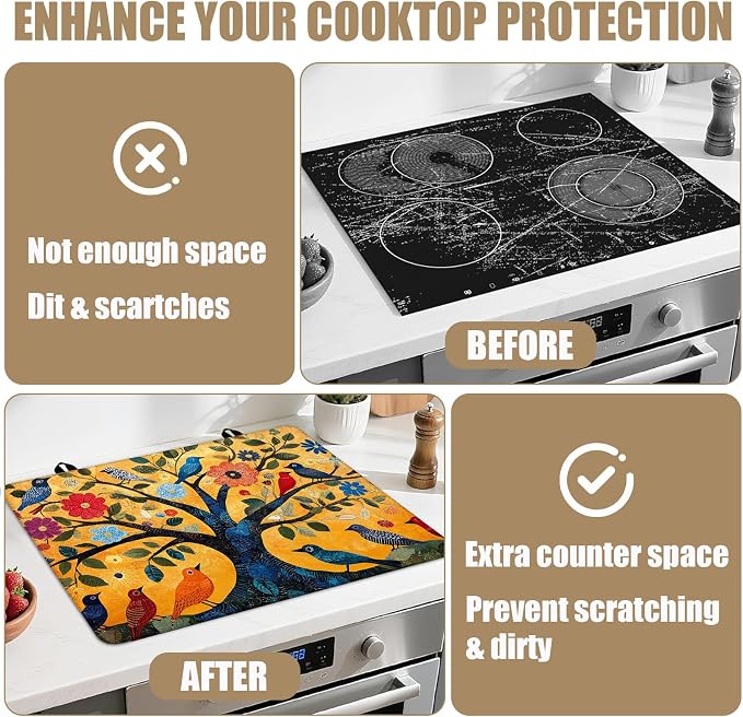 Bird Tree Stove Top Covers for Electric Stove, Electric Gas Stove Pad Heat Resistant Range Cooktop Protector for Home Decor Kitchen 28"x20"