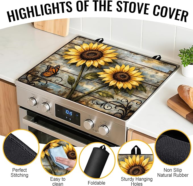 NYZE Stove Cover for Glass Top Stoves, Extra Counter Space 28" x 20" Rustic Sunflower Decorative Cooktop Protector, Heat Resistant Mat Pad for Kitchen Organization