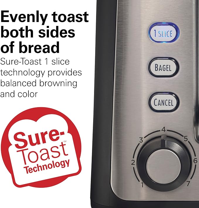Hamilton Beach Gourmet 2 Slice Slot Toaster with Sure-Toast Technology | Browning Control With 7 Shades | Auto Shutoff | Toast Boost | Extra-Wide Slots | Bagel Setting | Matte Black | 22996