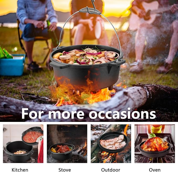 HaSteeL 7 QT Cast Iron Dutch Oven, Large 2 in 1 Camp Pre-Seasoned Deep Pot & Lid Skillet Pan, Heavy Thick 7 Quart Multiple Cookware with Feet for Outdoor Camping Baking, Bracket and Lid Lifter